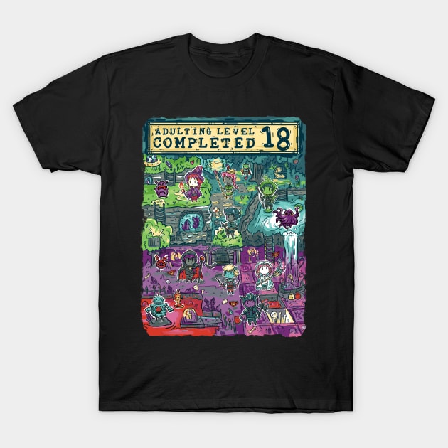 Adulting Level 18 Completed Birthday Gamer T-Shirt by Norse Dog Studio